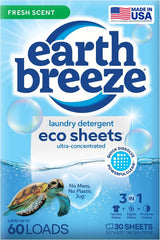 Earth Breeze Laundry Detergent Sheets Fresh Scent 60 Loads | Eco Liquidless Soap - Travel-Friendly for Hot & Cold Cycles, Tackles Tough Stains & Odors - Gentle on Skin