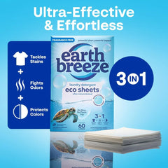 Earth Breeze Laundry Detergent Sheets Fragrance-Free 60 Loads | Eco Liquidless Soap - Travel-Friendly for Hot & Cold Cycles, Tackles Tough Stains & Odors - Gentle on Sensitive Skin