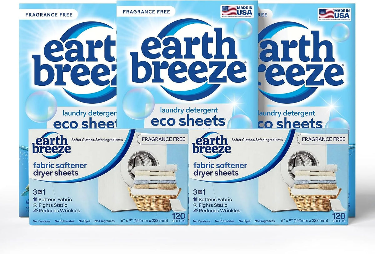 Earth Breeze Fragrance Free Laundry Detergent & Dryer Sheets Bundle – 3PK Laundry (180 Loads) + 2PK Dryer Sheets (120 Loads) – Made in USA, Hypoallergenic