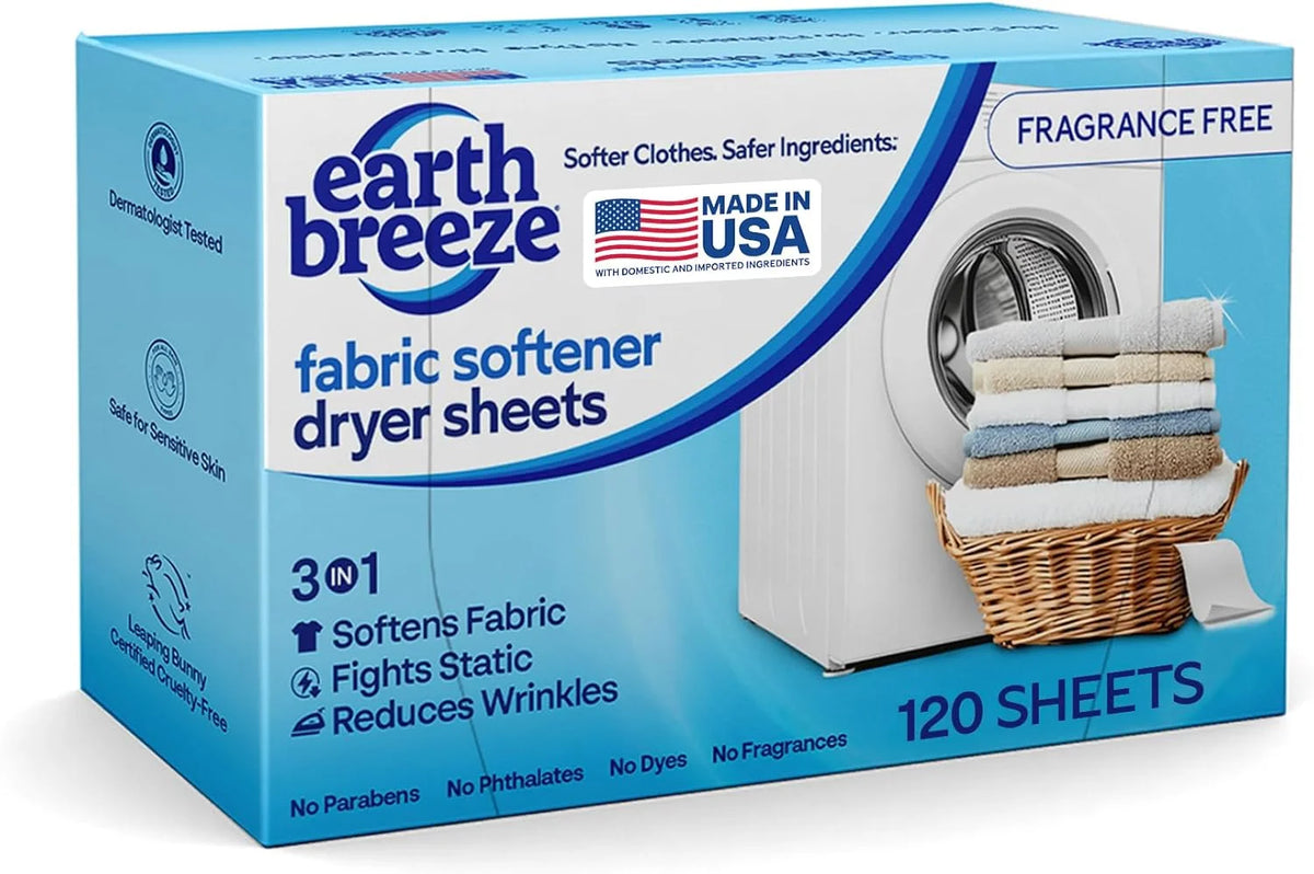 Earth Breeze Fabric Softener Dryer Sheets Fragrance Free (1 Pack) | Hypoallergenic, No Harsh Chemicals, Safe for Sensitive Skin – Static Cling & Wrinkle Reducer – Gentle Fabric Care