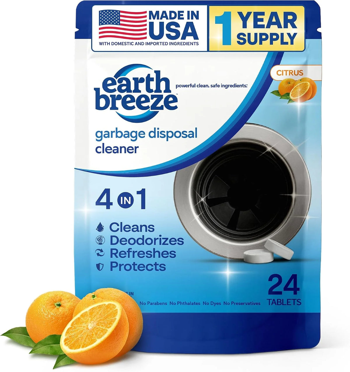 Earth Breeze Garbage Disposal Cleaner Tablets 4-in-1 Citrus Scented | Clean, Deodorize, Refresh & Protect – Powerful Cleaning Action for Sink & Disposal – No Harsh Chemicals - Made in USA