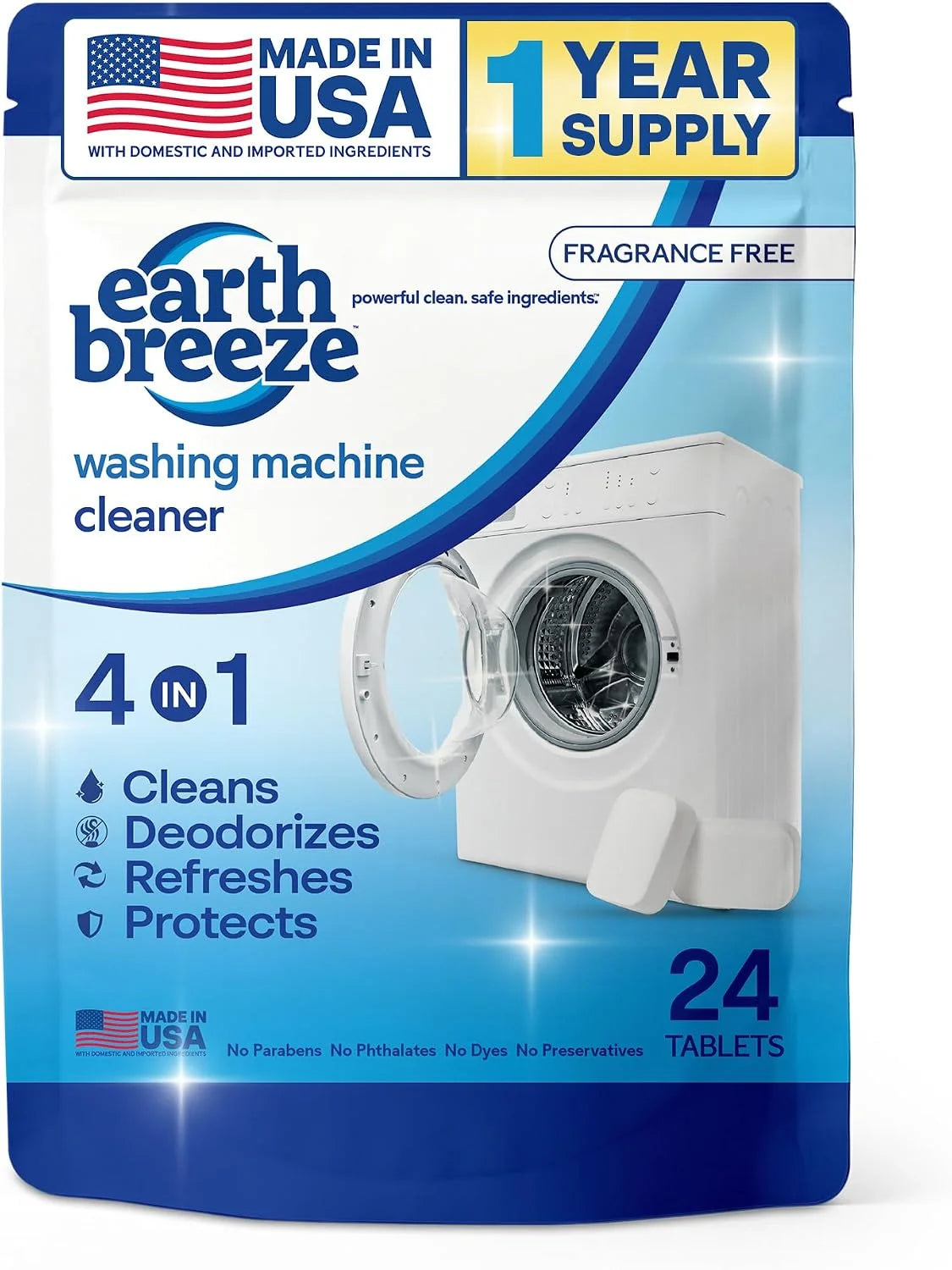 Earth Breeze Washing Machine Cleaner Tablets Fragrance-Free 1 Year Supply | Deep Cleans, Removes Odors, Residue & Buildup - Front Load, Top Load & HE Washers - No Harsh Chemicals - Made in USA