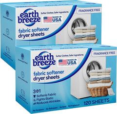 Earth Breeze Fabric Softener Dryer Sheets Fragrance Free (2 Pack) | Hypoallergenic, No Harsh Chemicals, Safe for Sensitive Skin – Static Cling & Wrinkle Reducer – Gentle Fabric Care