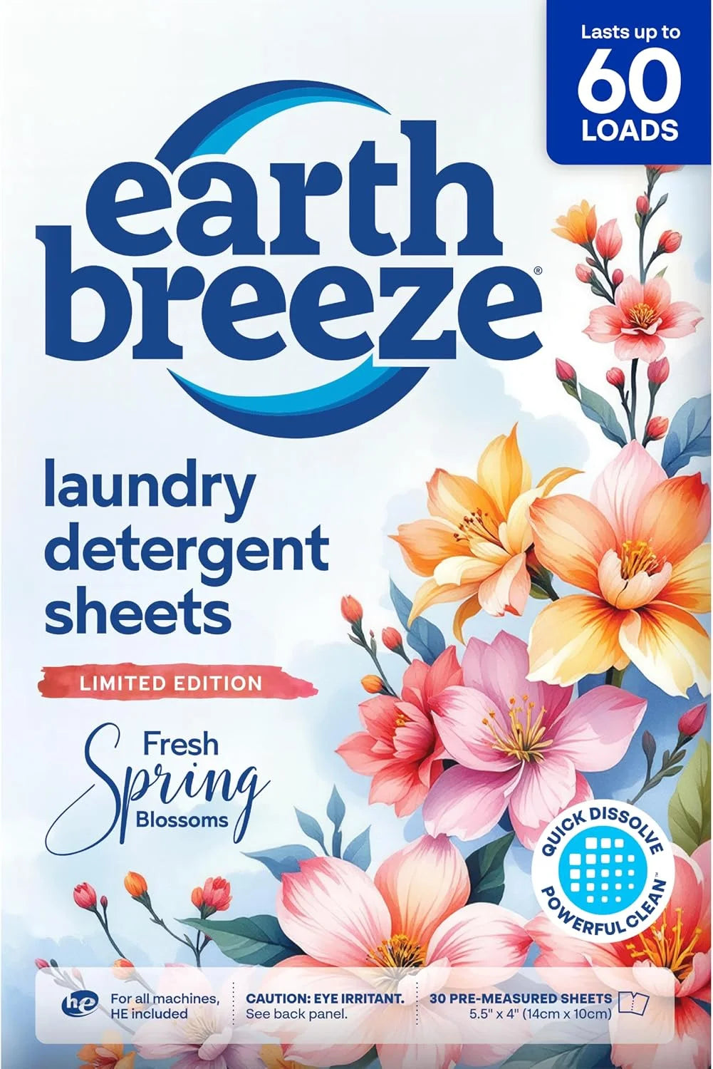 Earth Breeze Laundry Detergent Sheets Fresh Spring Blossoms 60 Loads | Eco Laundry Sheets - Travel Laundry Soap Sheets for Hot & Cold Cycles - Tackles Tough Stains & Odors - Gentle on Skin