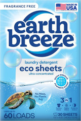 Earth Breeze Laundry Detergent Sheets Fragrance-Free 60 Loads | Eco Liquidless Soap - Travel-Friendly for Hot & Cold Cycles, Tackles Tough Stains & Odors - Gentle on Sensitive Skin
