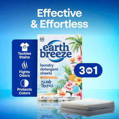 Earth Breeze Laundry Detergent Sheets Island Tropics 60 Loads | Eco Laundry Sheets - Travel Laundry Soap Sheets for Hot & Cold Cycles - Tackles Tough Stains & Odors - Gentle on Skin