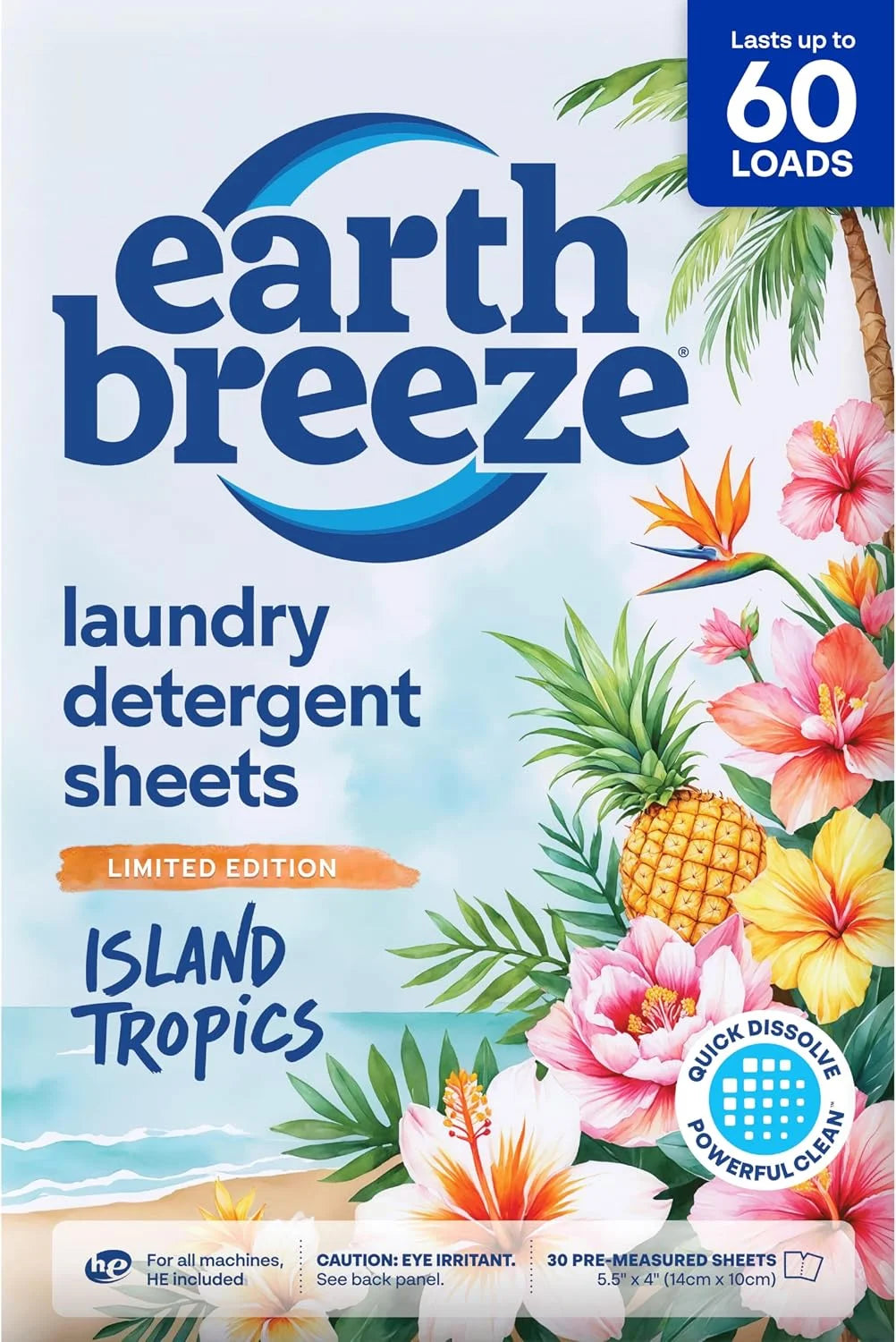 Earth Breeze Laundry Detergent Sheets Island Tropics 60 Loads | Eco Laundry Sheets - Travel Laundry Soap Sheets for Hot & Cold Cycles - Tackles Tough Stains & Odors - Gentle on Skin